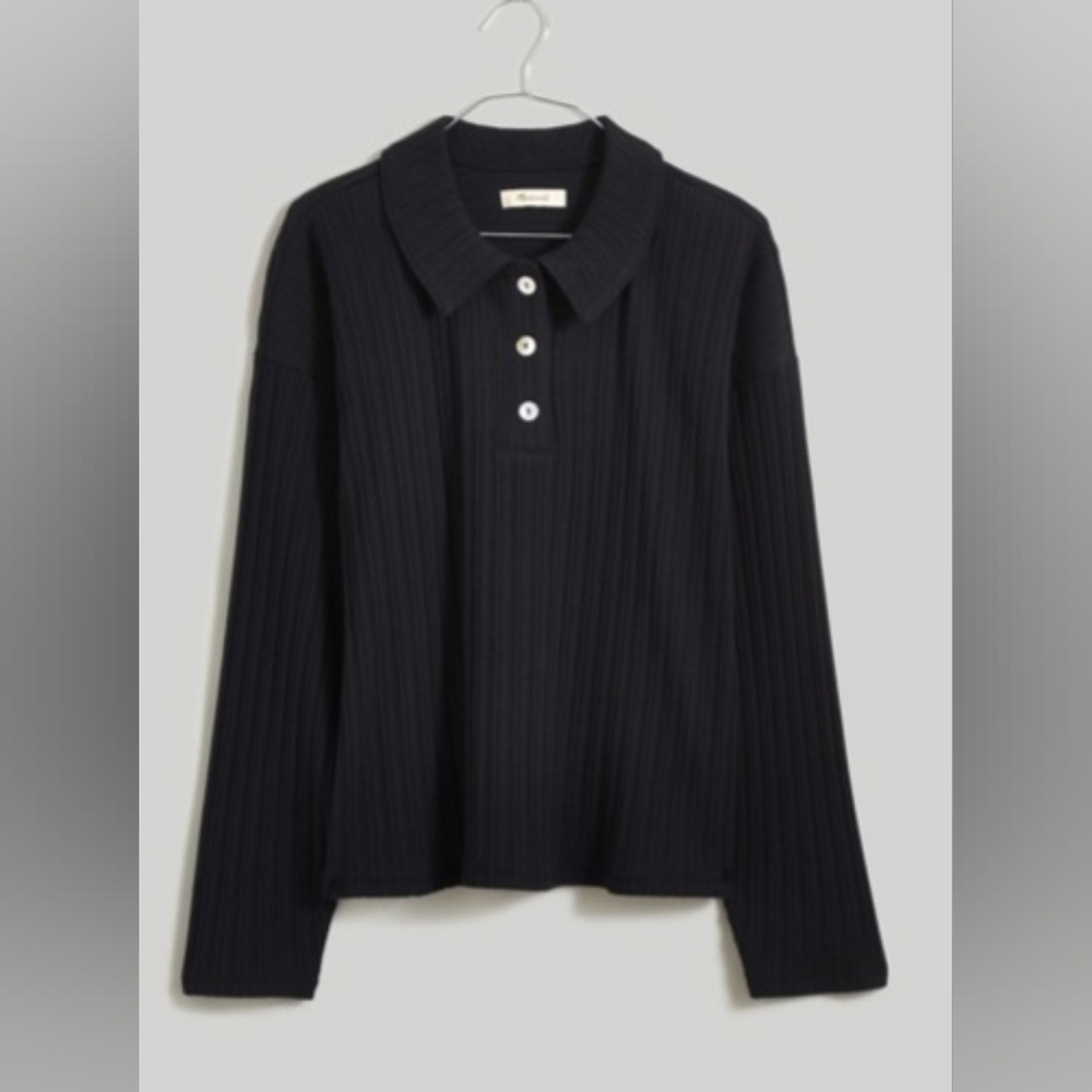 NWOT Madewell Variegated Rib Boxy Polo Shirt In True Black Women's Size Small.